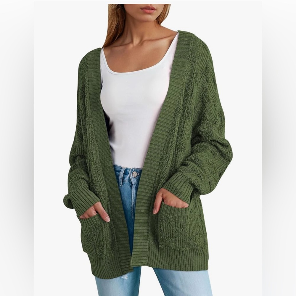 NEW Green Oversized Checkered Chunky Cardigan Sweater Open Front XL